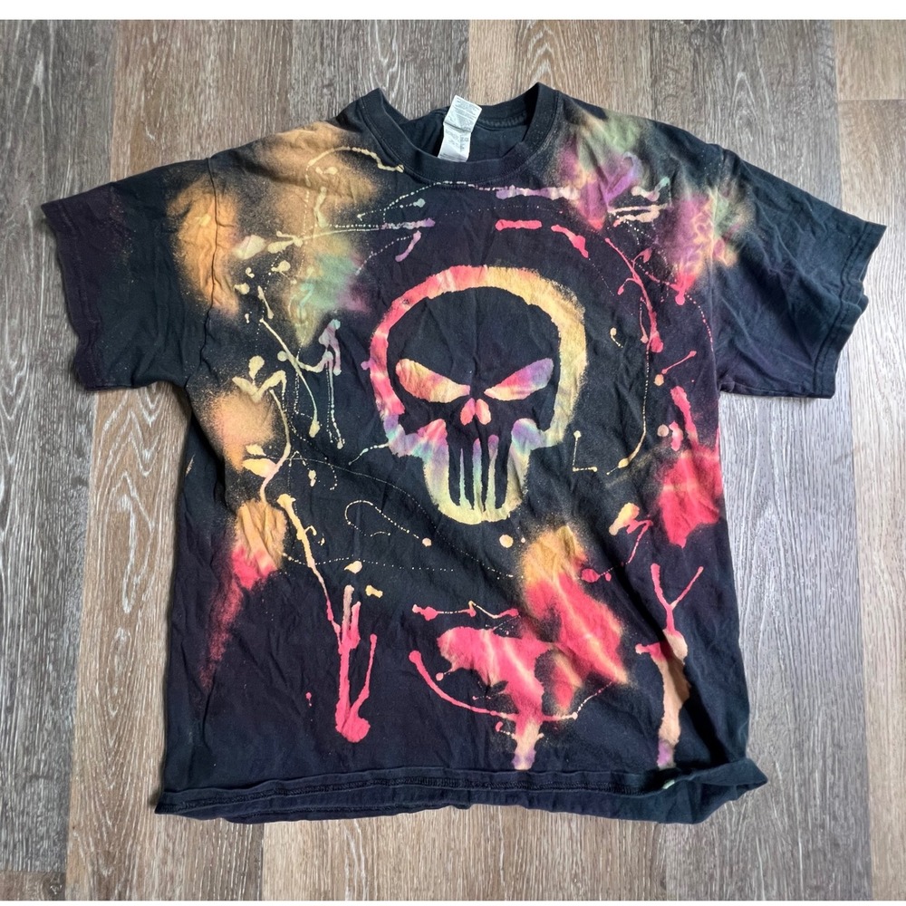 Gildan Punisher T-Shirt Mens Large Black Multi Color Splatter Graphic Tee